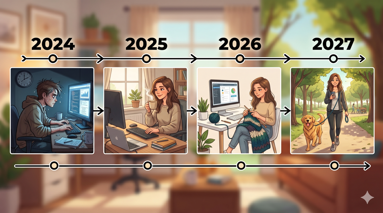A four-panel timeline showing the evolution of the developer experience from 2024 to 2027